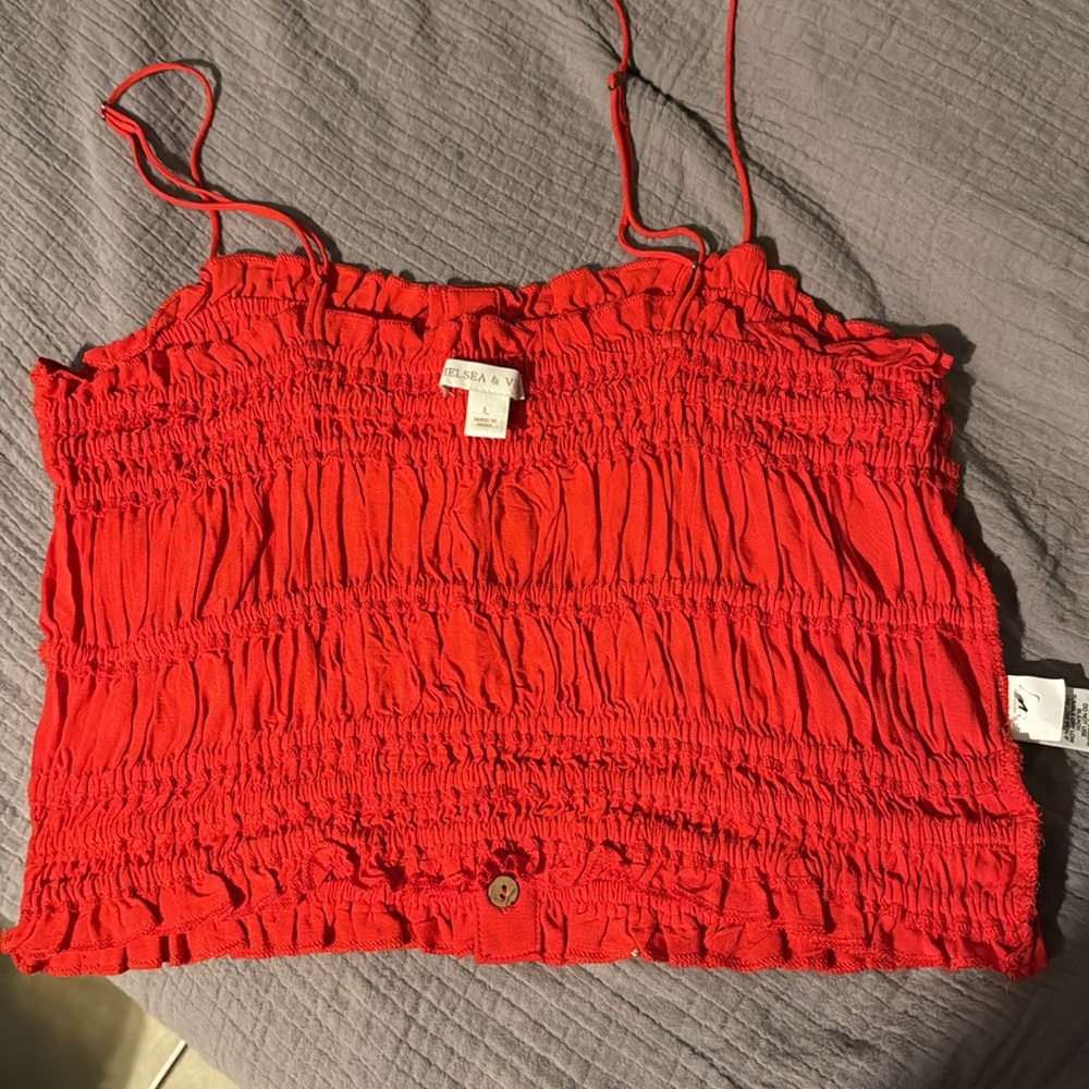Bright Red Scrunched Crop Top With Buttons - image 3